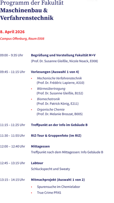 Ablauf des Schnupperstudiums an der Fakultät M+V