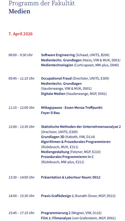Ablauf des Schnupperstudiums an der Fakultät Medien