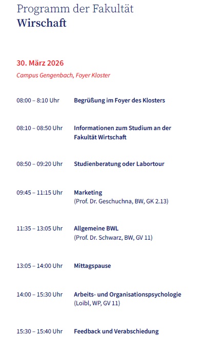 Ablauf Schnupperstudium Wirtschaft